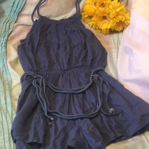 Indigo Blue Belted Netting Inset Short Romper - Picture 5 of 9